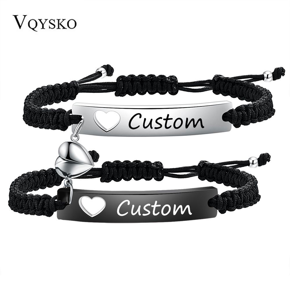 Men Accessories All - Benutzerdefiniertes Edelstahl-Paar-Armband-Set, schwarz gewebt, mit Herz-Magnetsauger,